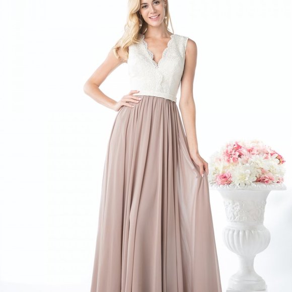 NEW IVORY /MOCHADeep V-Neck Floral Long Dress CN1965